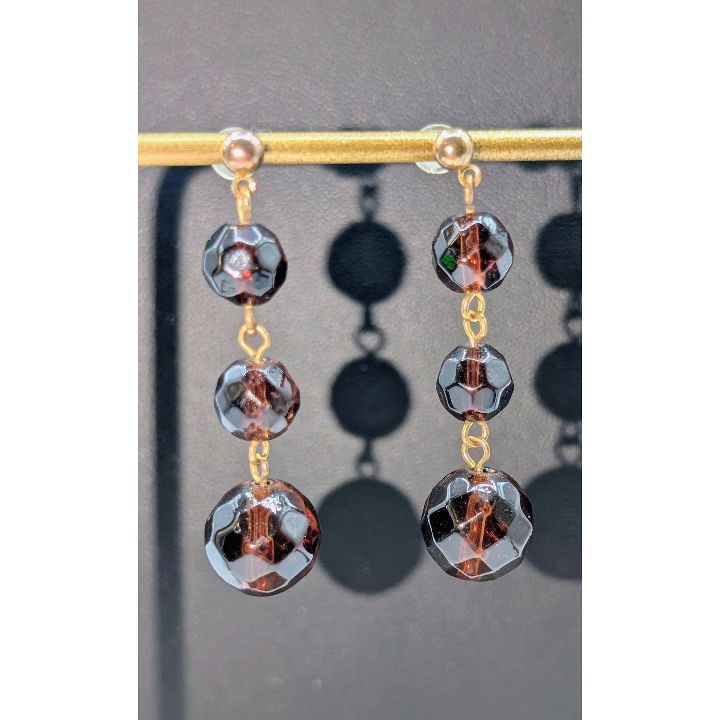 Vintage Gold Tone Faceted Three Brown Glass Bead Dangle Earrings