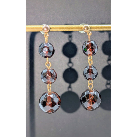 Vintage Gold Tone Faceted Three Brown Glass Bead Dangle Earrings