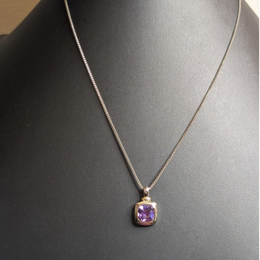 925 Sterling Purple Glass Stone Two Tone Pendant Box Chain 20" Necklace