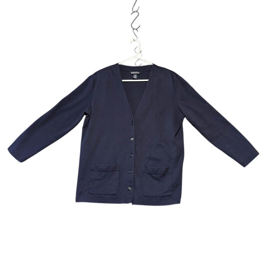 Vtg Lands'End Navy Button V-Neck Cotton Cardigan Sweater Womens' L (14-16)