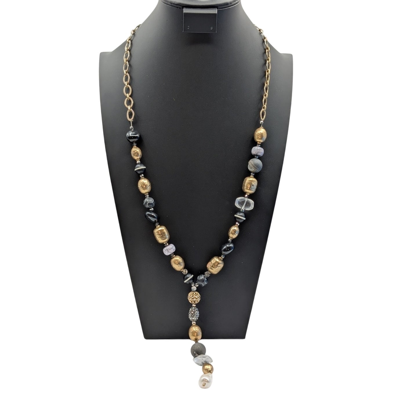 Chico's 35" Goldtone Black Gray Multi Bead Y Necklace
