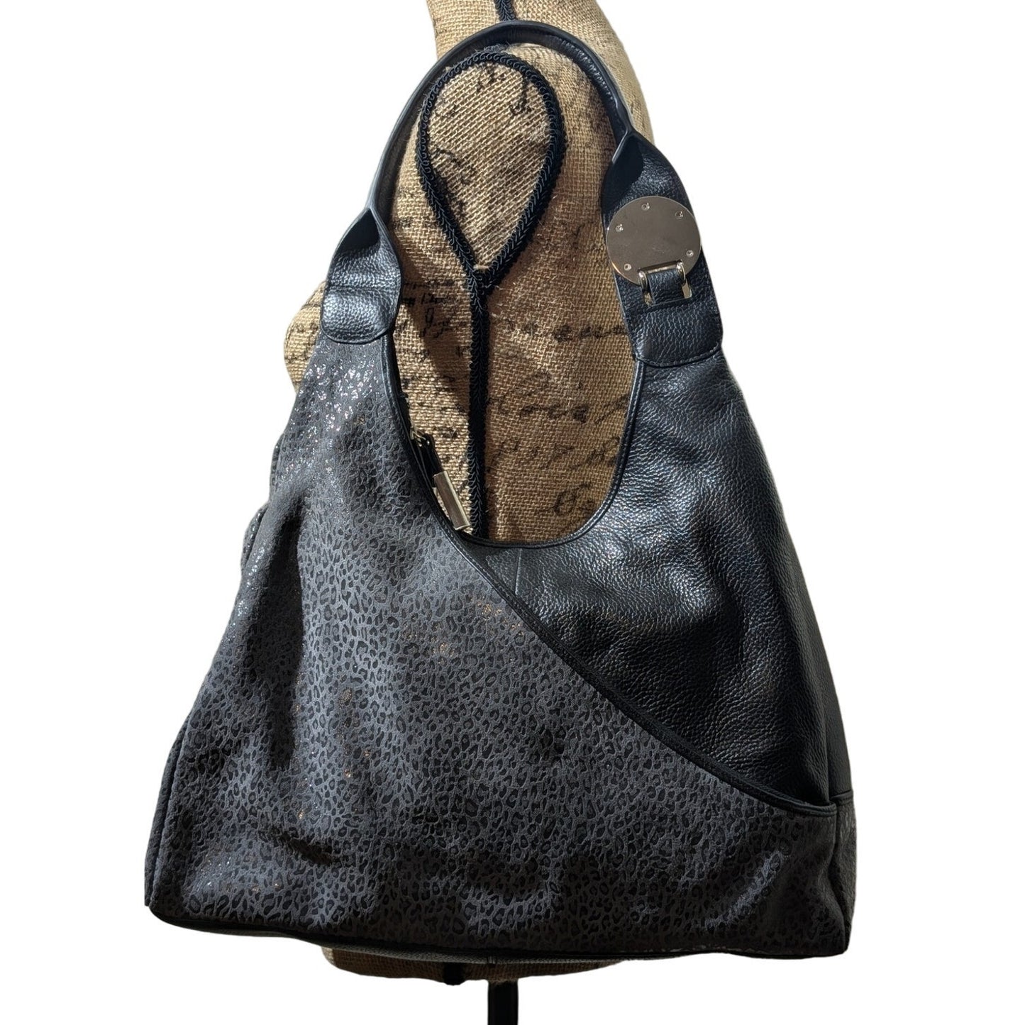 BODHI Black Leather Silver Subtle Metallic Leopard Hobo Bag