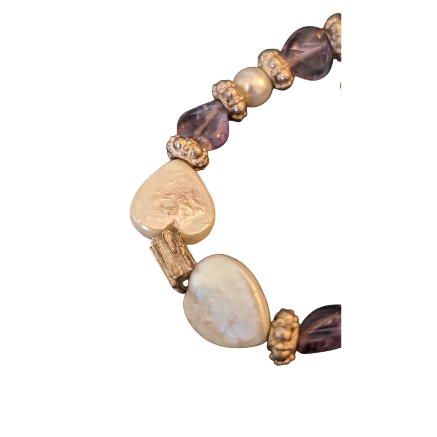 Sterling Rice Pearl Heart Shaped Freshwater Coin Pearls Amethyst Charm Bracelet