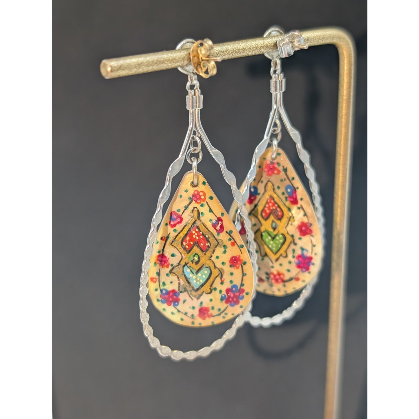 Vtg Middle Eastern Persian MOP Hand-Painted Two-Sided Bird Dangle/Drop Earrings