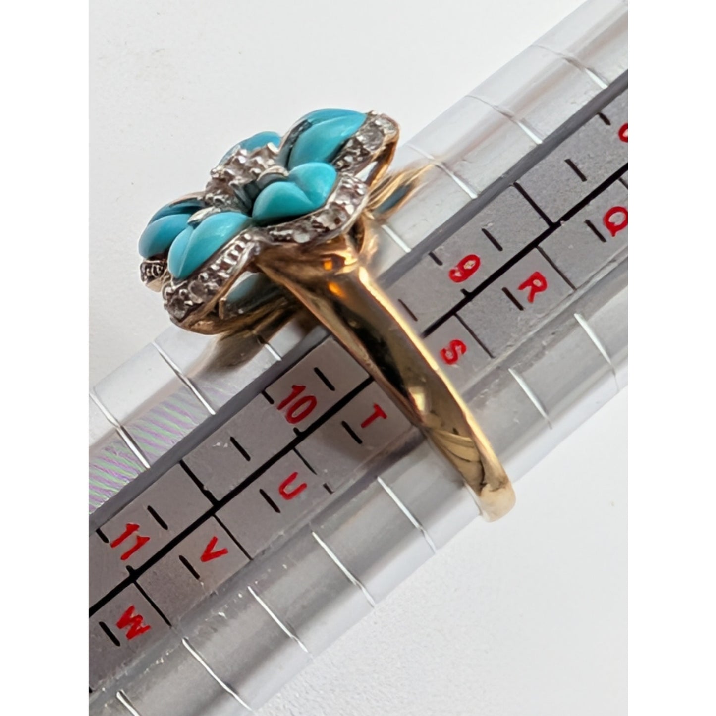 14KT Yellow Gold Carved Turquoise & Diamond Flower Ring Size 9.5