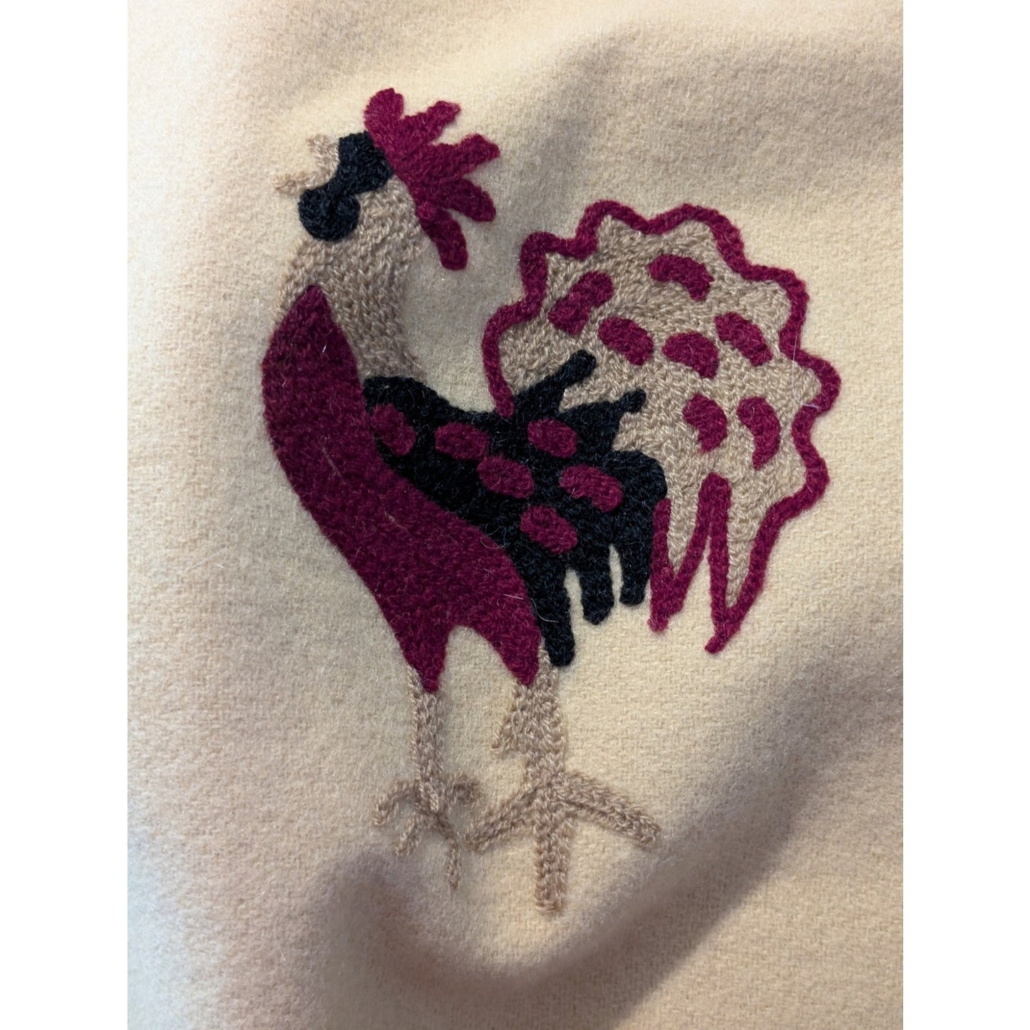 Vintage Tan Burgundy Black White 100% Wool Rooster Throw Blanket 54" X 70