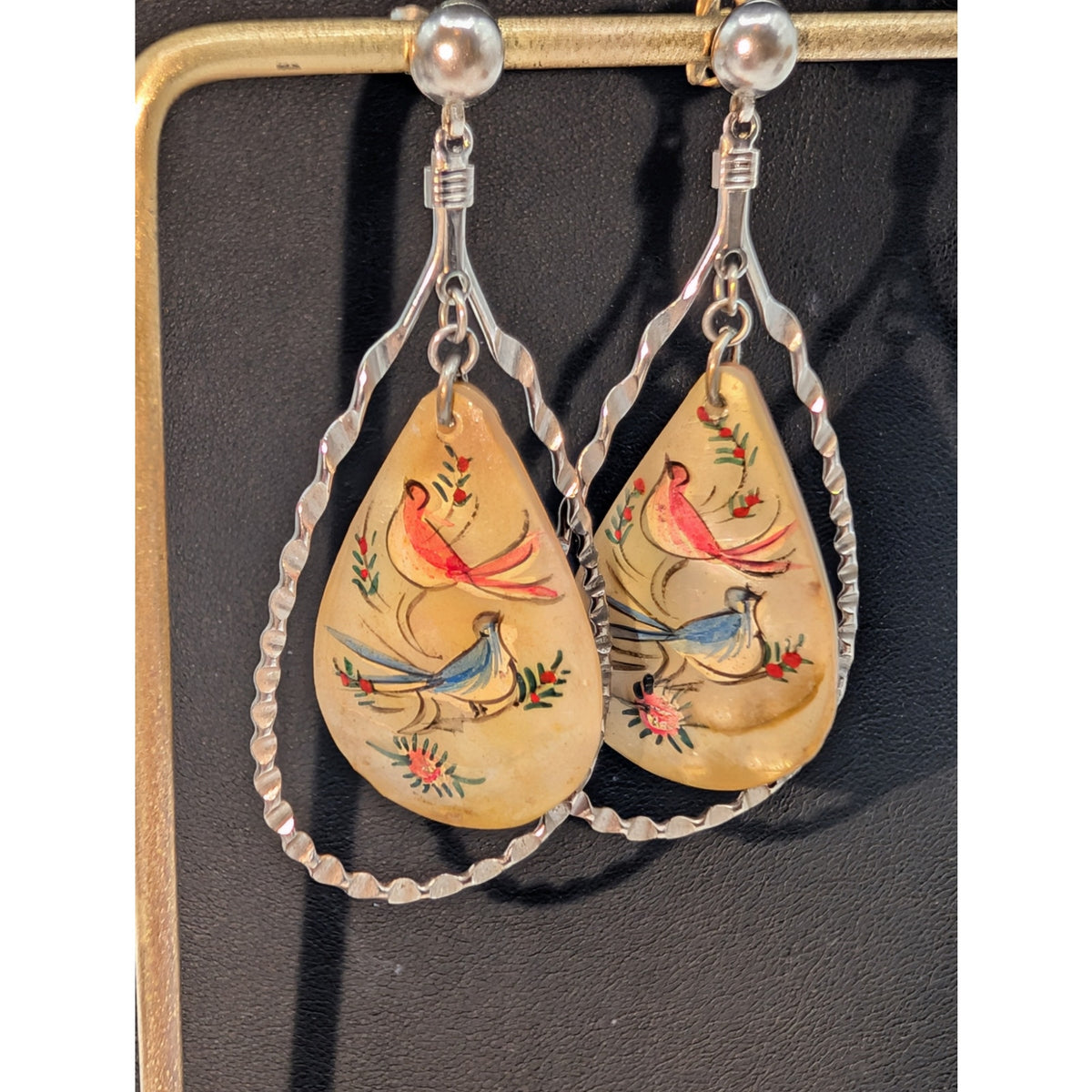 Vtg Middle Eastern Persian MOP Hand-Painted Two-Sided Bird Dangle/Drop Earrings