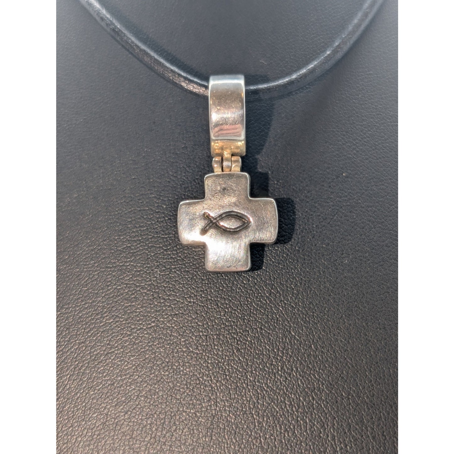 Retired Silpada 925 Sterling Articulated Cross Ichthus Pendant Cord 16" Necklace
