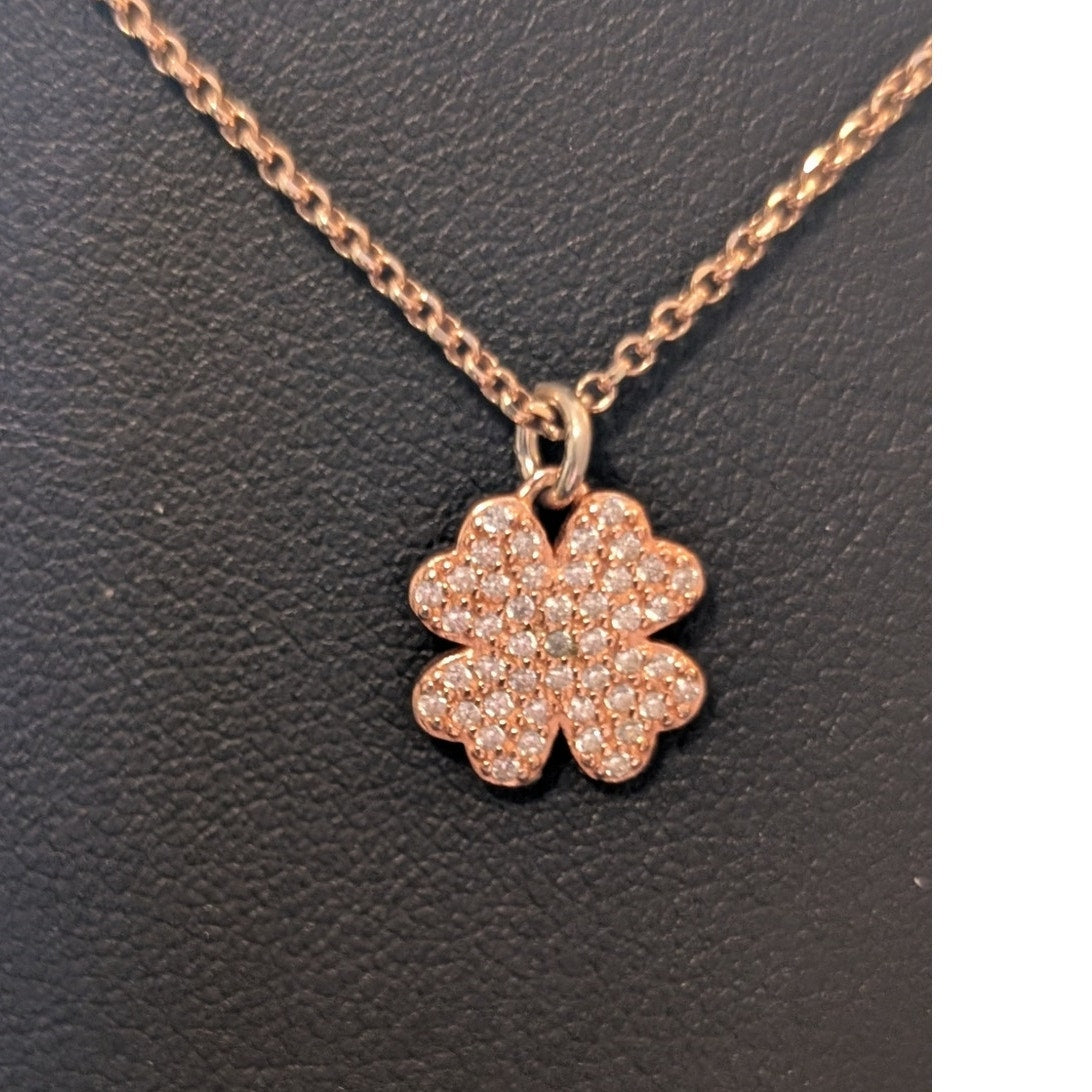 925 Rose Gold Tone Rhinestone Shamrock Pendant 16" Necklace
