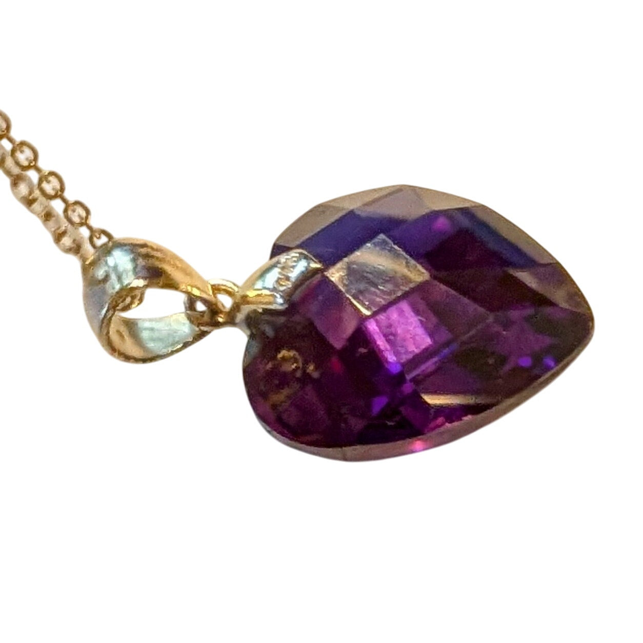 Vintage Faceted Purple Heart Crystal 925 Sterling HAN Pendant 18" Necklace