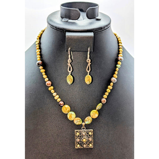 Genuine Green Coin Pearl Antiqued Filigree Square Pendant Necklace & Earring Set