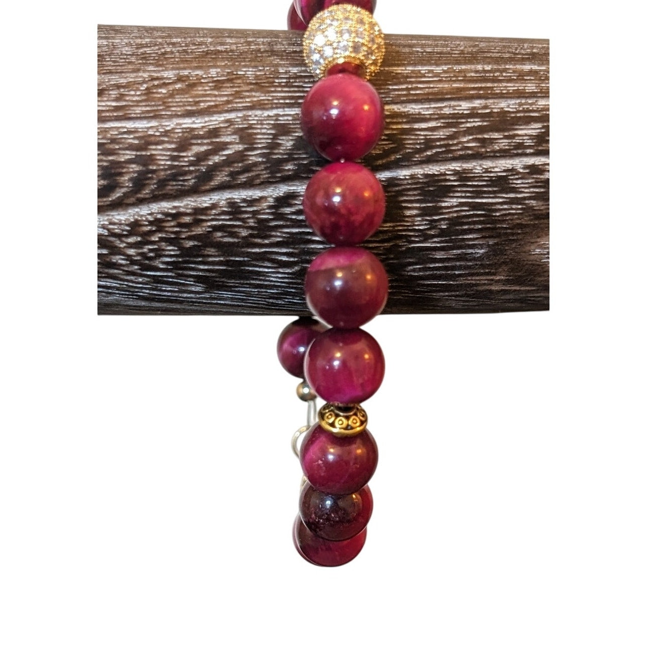 Magenta Fuschia Tiger Eye Agate Stone & Rhinestone Bead 14k Gold Filled Bracelet