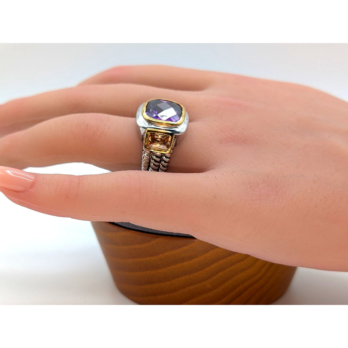 18K Gold Electroplate Mixed Metal Purple & Gold Glass Stone Ring Size 5.25