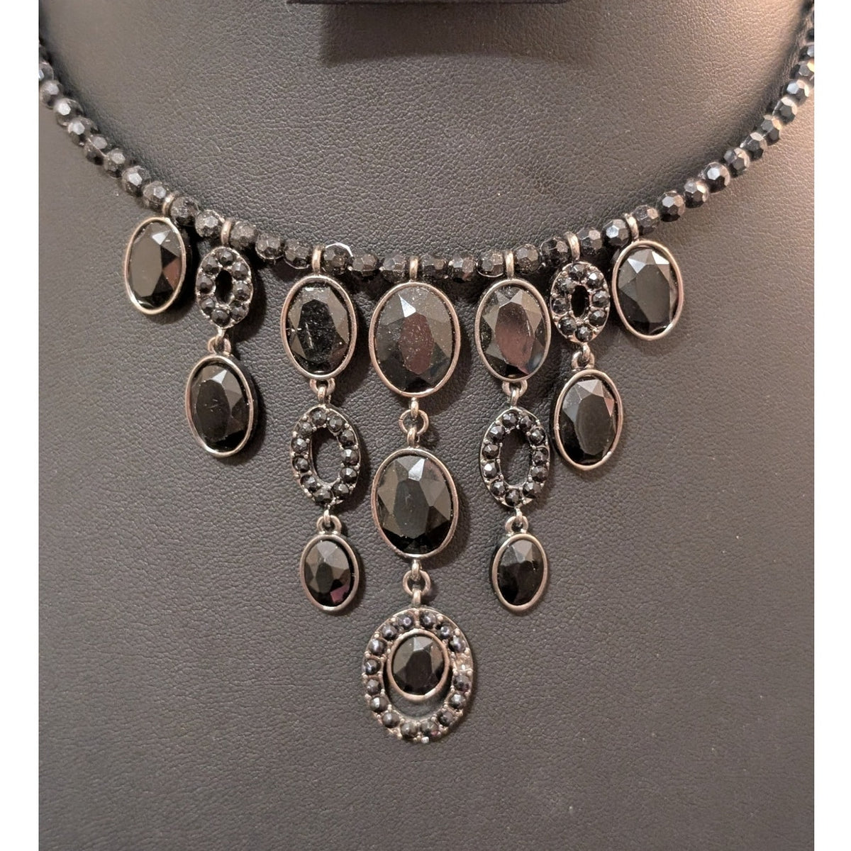 Black Beaded Waterfall Dangle Wire Choker Necklace