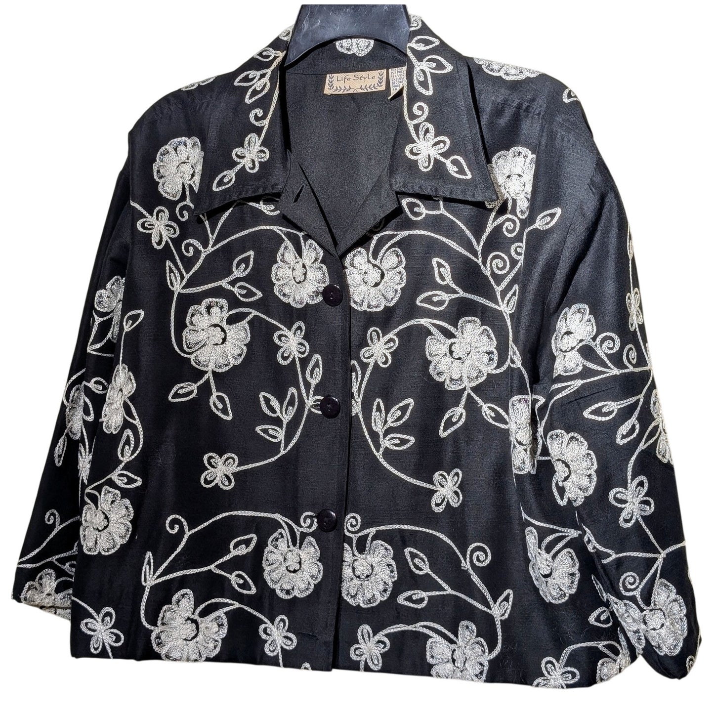 Life Style Black White Floral Embroidered Button Front Silk Blend Jacket Sz XL