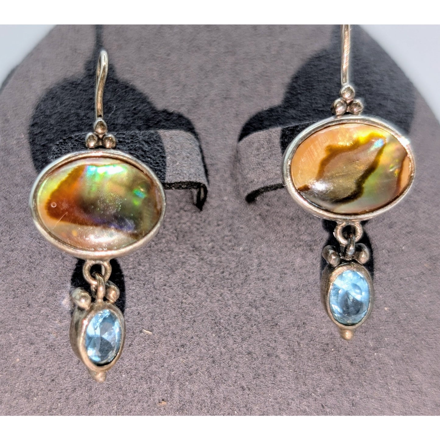 Vintage 925 Sterling Silver Abalone Shell Blue Glass Dangle Kidney Wire Earrings