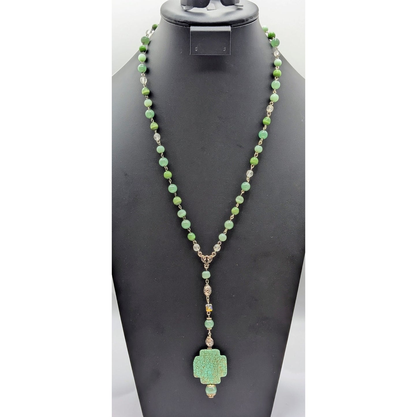 Green Stone Cat's Eye Crystal Bead Rosary Style Chain Y-Drop Toggle 23" Necklace