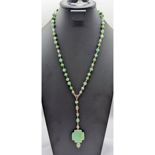 Green Stone Cat's Eye Crystal Bead Rosary Style Chain Y-Drop Toggle 23" Necklace