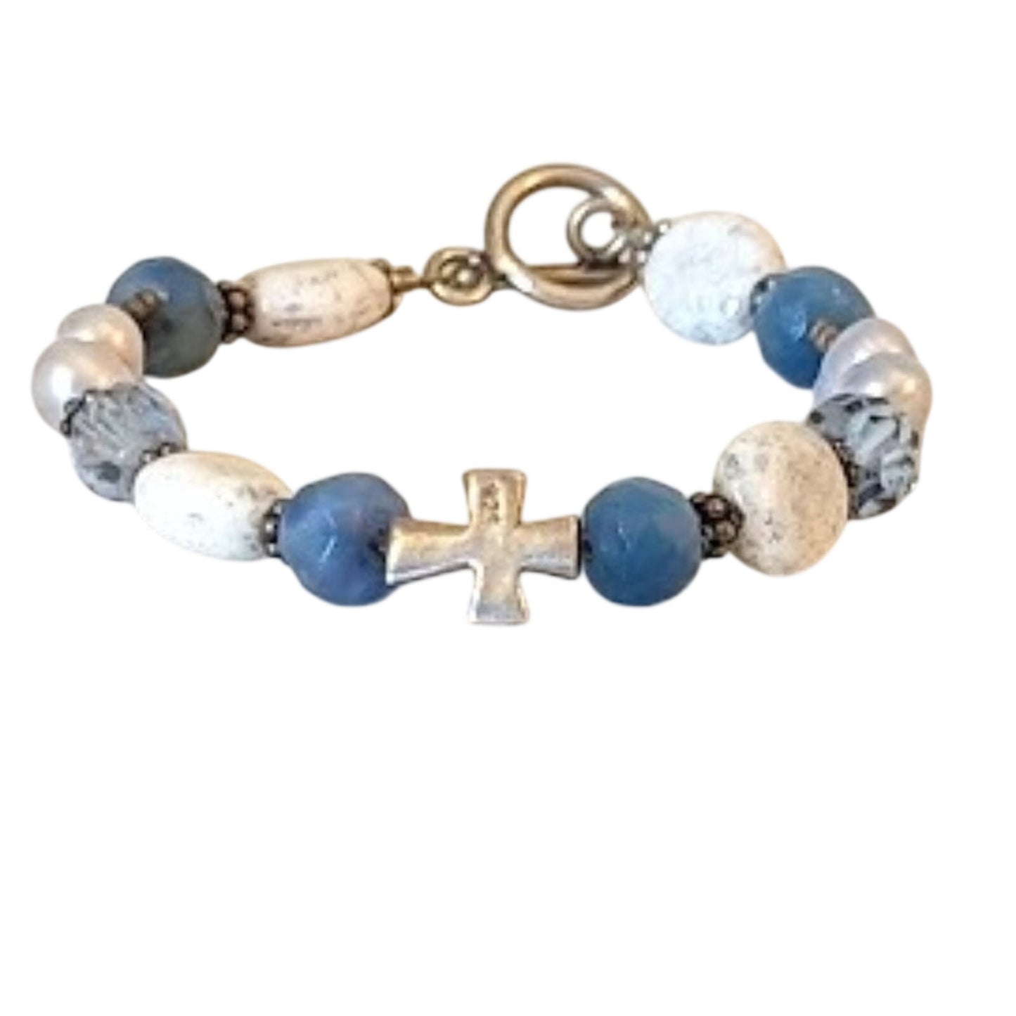 925 Sterling Silver Cross, Stone, Pearl, and Crystal Toggle Bracelet