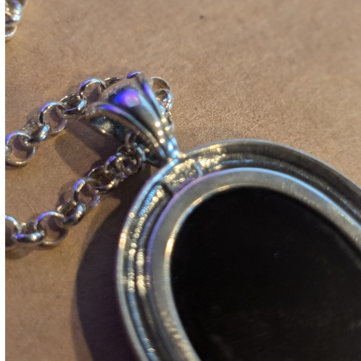 Large Black Stone 925 Sterling Silver Pendant 30" 925 Rolo Chain Necklace