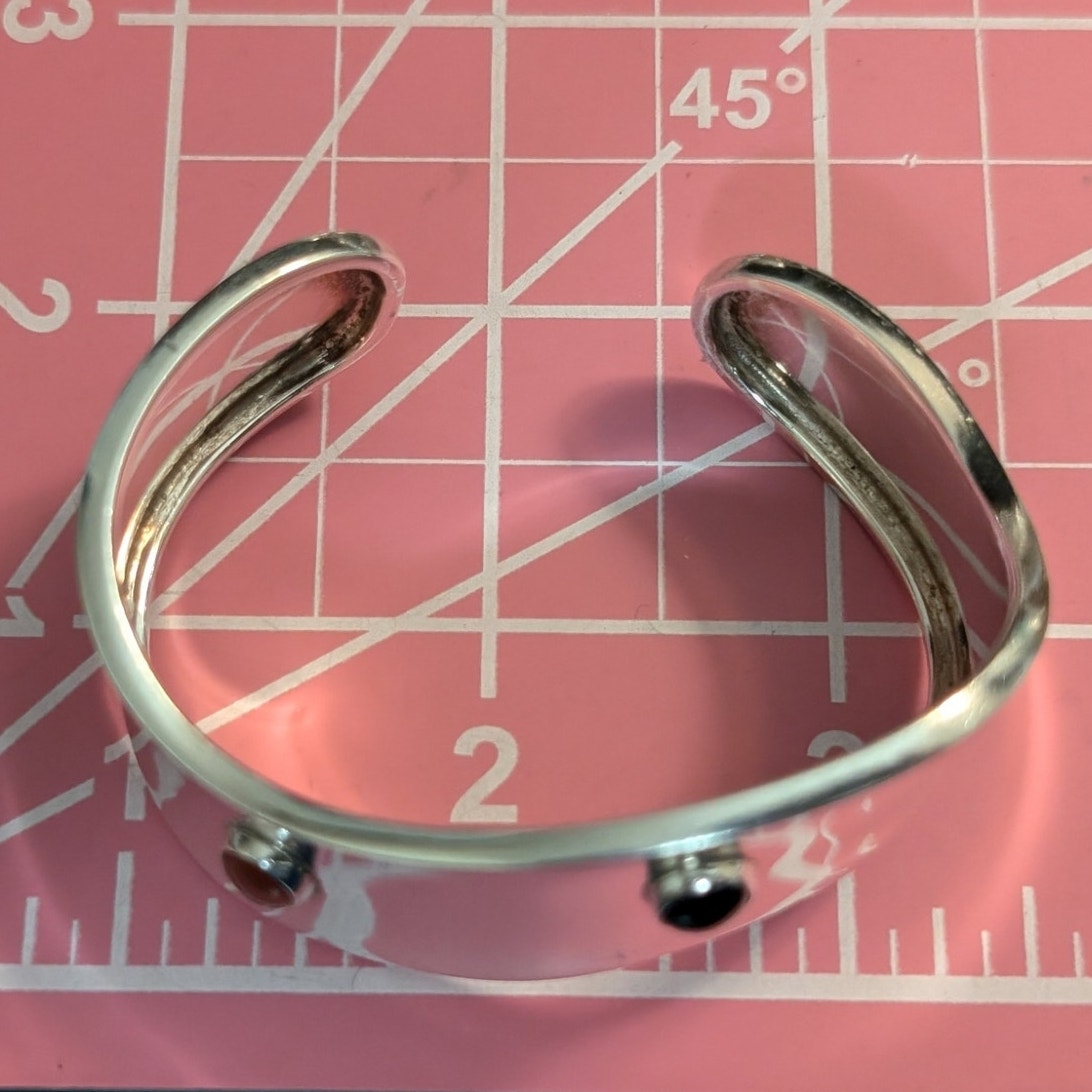 Multi-Stone Cabochon Curved Cuff Modernist Sterling Silver Mexico Bracelet