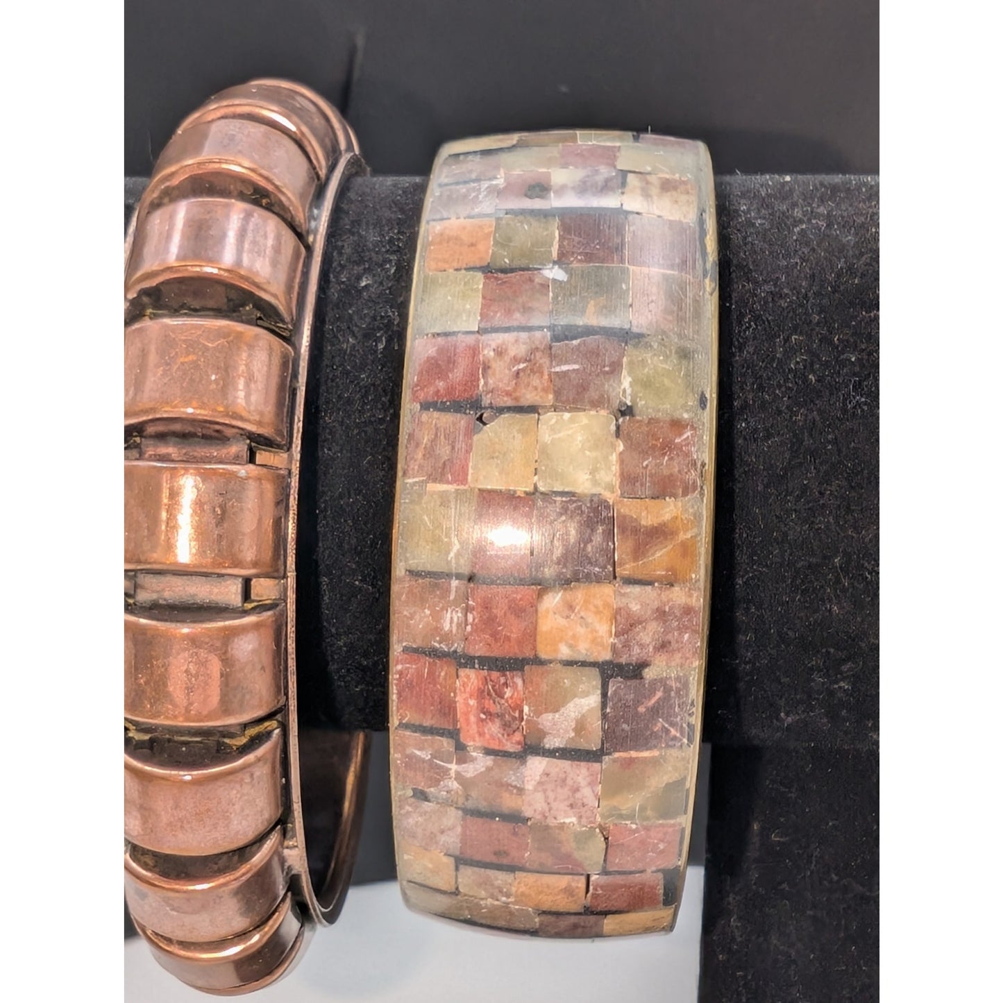 Lot of Three Vintage Metal Stone Inlay Bangle Bracelets