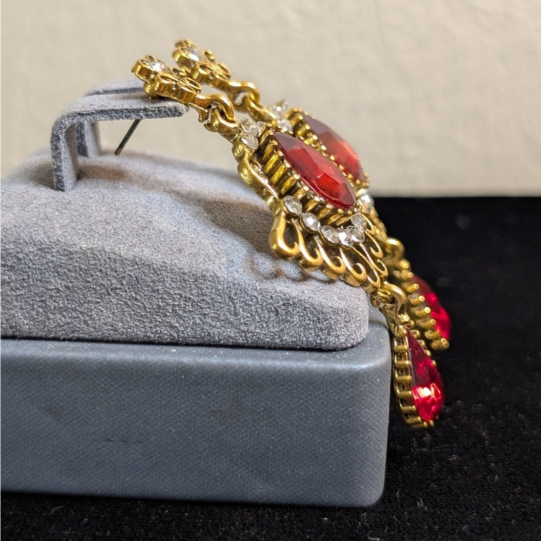 Teardrop Red Crystal Antique Gold Tone Rhinestone Dangle Drop Earrings