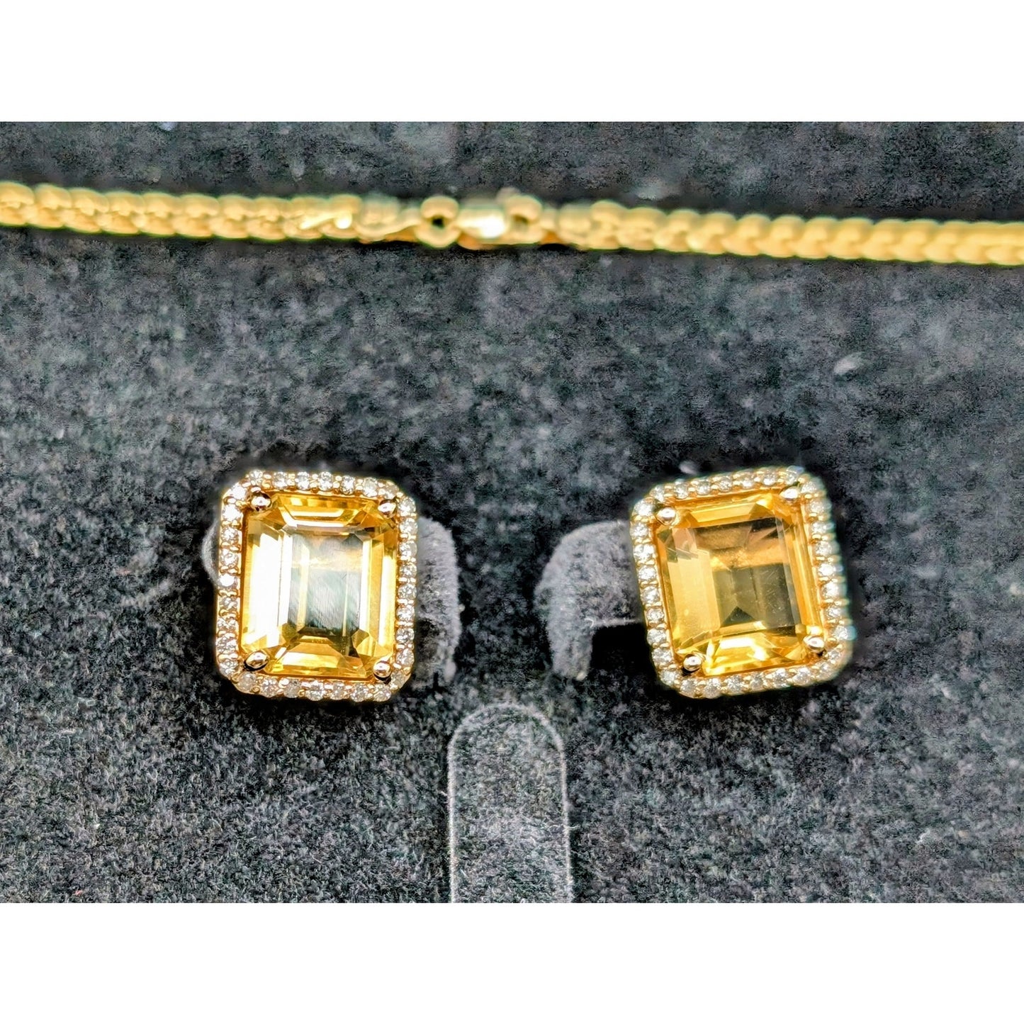 14K Yellow Gold Citrine & Diamond Necklace & Pierced Earring Jewelry Set 25.35g