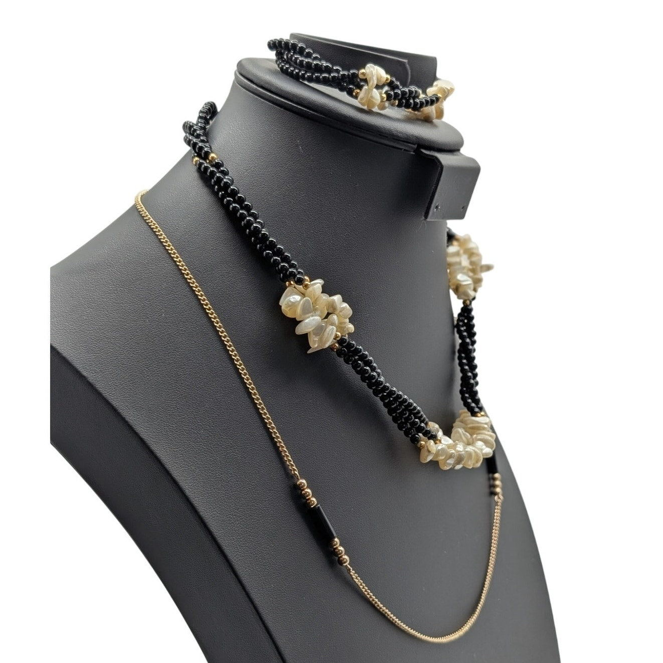 3 Piece Lot--Two Vintage Black Bead Gold Tone Necklaces & One Matching Bracelet