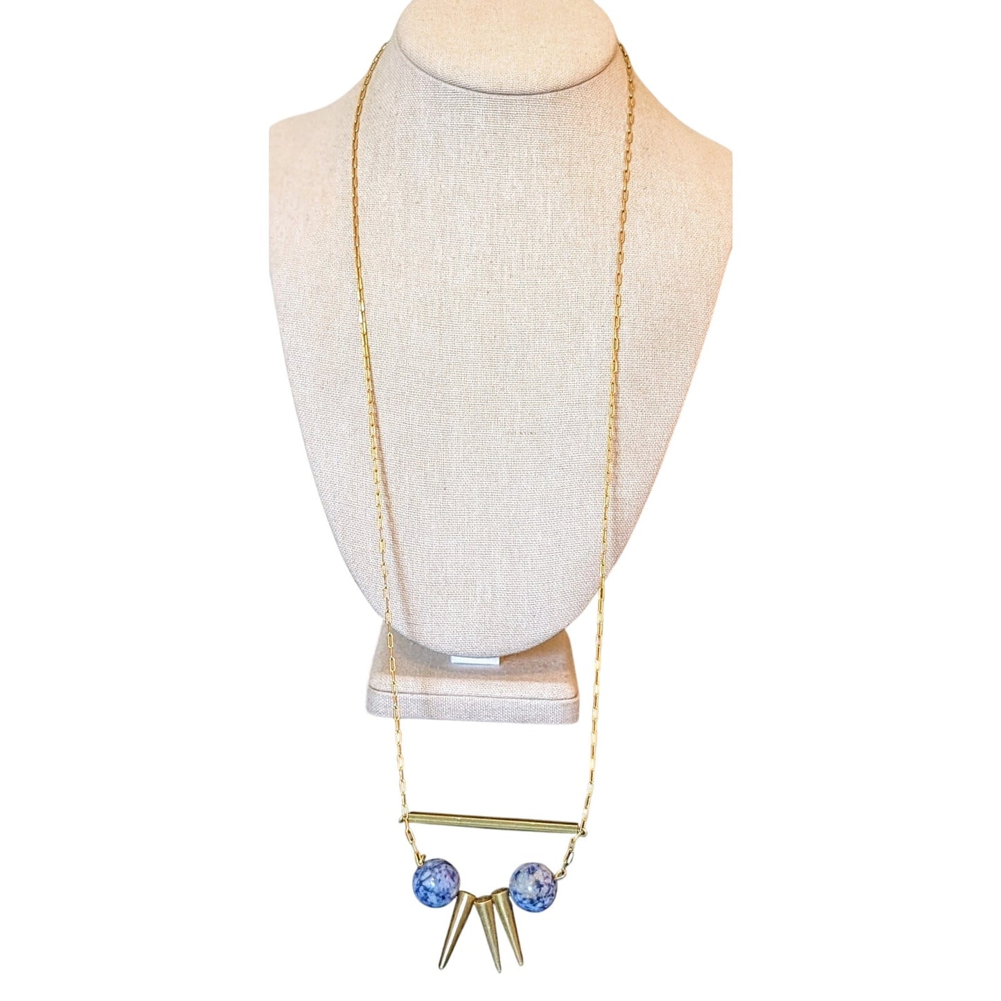 Gold Tone Paperclip Chain Bar Three Cone Two Sodalite Stone Bead Necklace