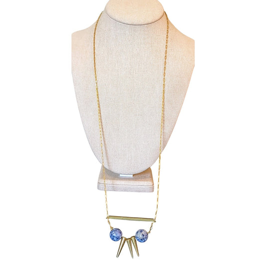 Gold Tone Paperclip Chain Bar Three Cone Two Sodalite Stone Bead Necklace