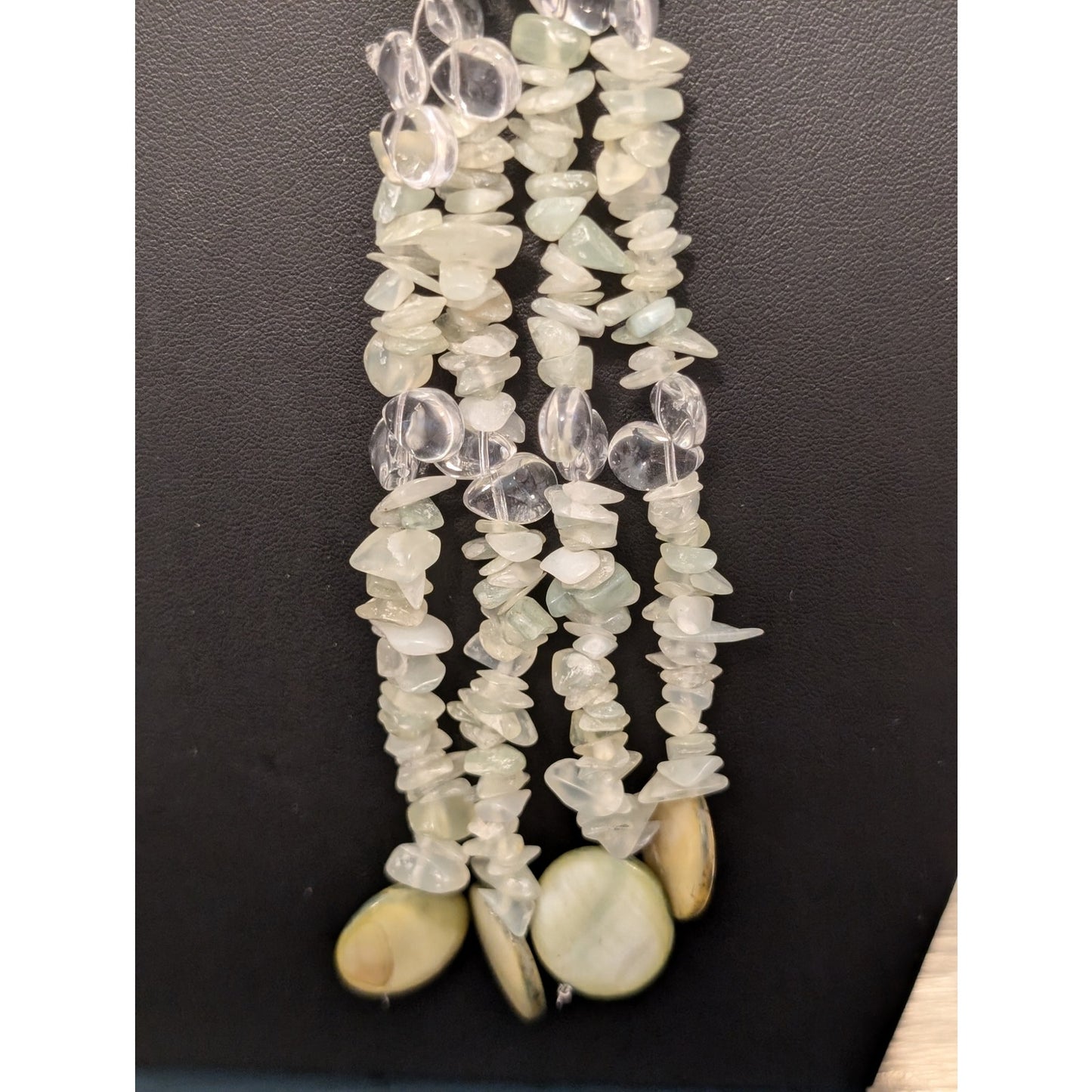 58" Long Green Coin Shell Stone Chip Gold Pearl Glass Teardrop Lariat Necklace