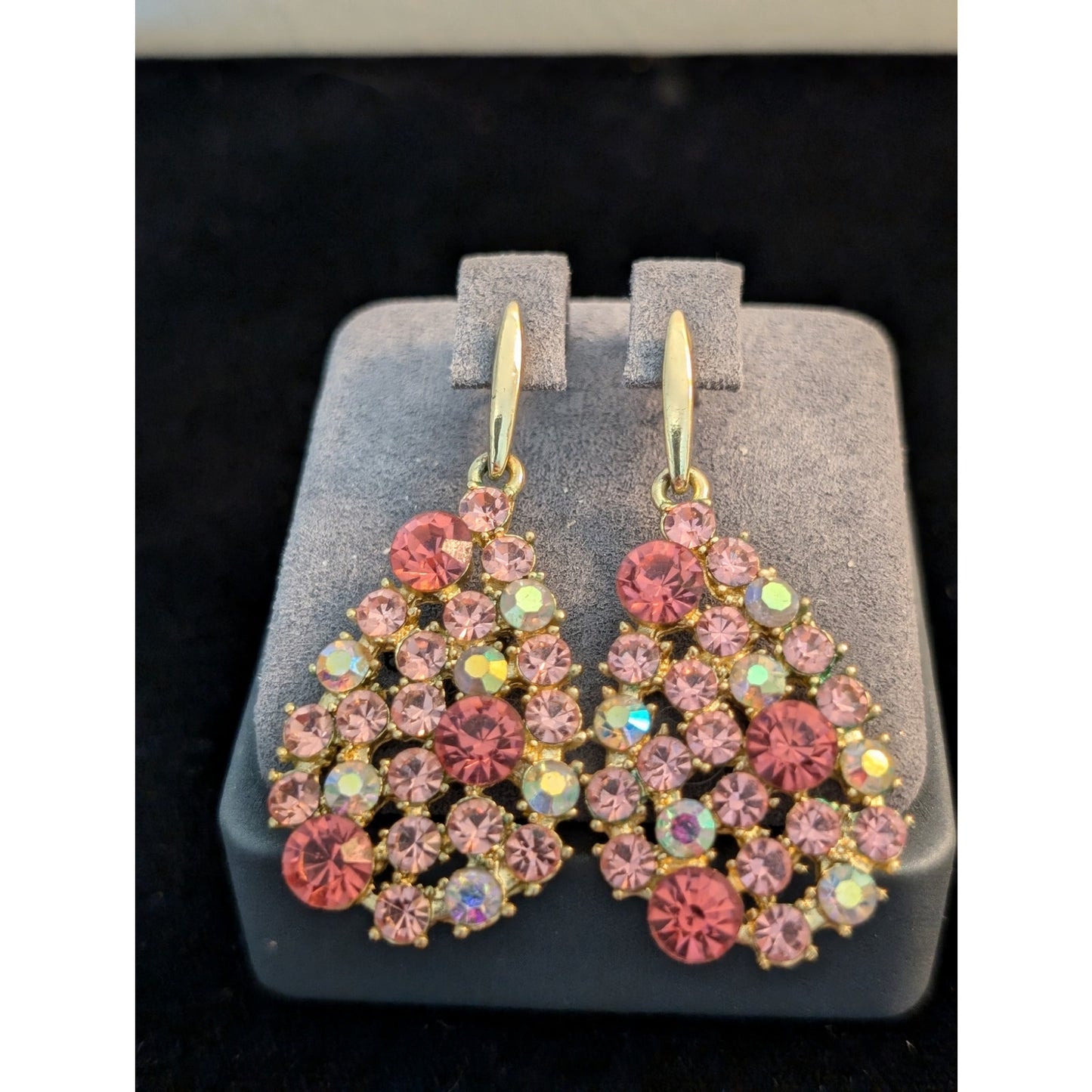 Rare Betsey Johnson Pink Crystal AB Tear Drop Gold Tone Earrings