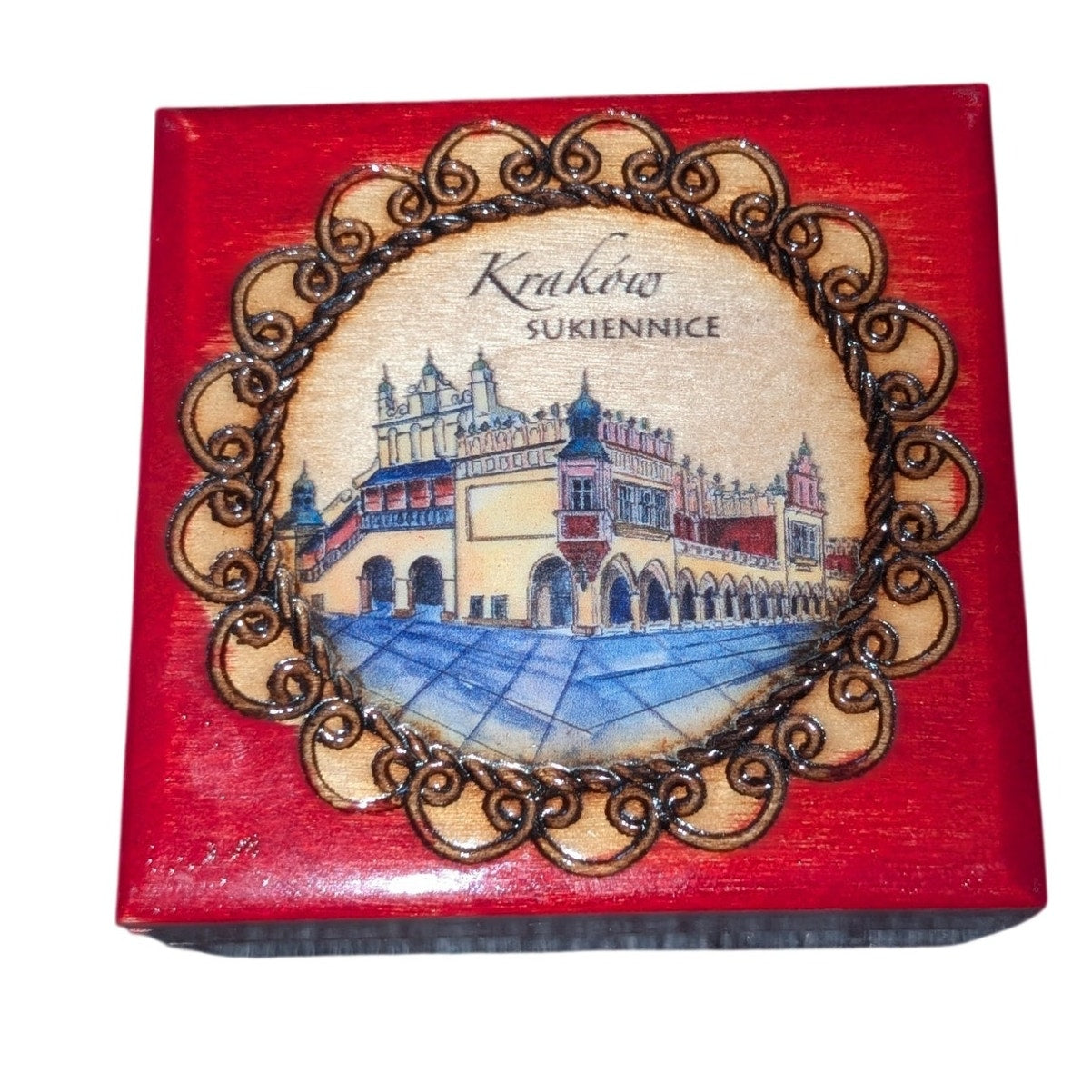 Vintage 1988 Krakow Hand Made in Poland Red Painted Hinged Wooden Trinket Box
