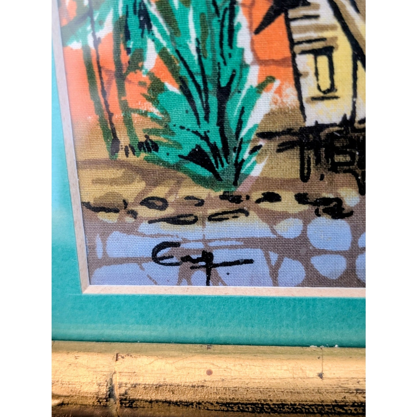 Vintage Signed Malaysian Village Batik Gilt Wood Framed Small Art Under Glass