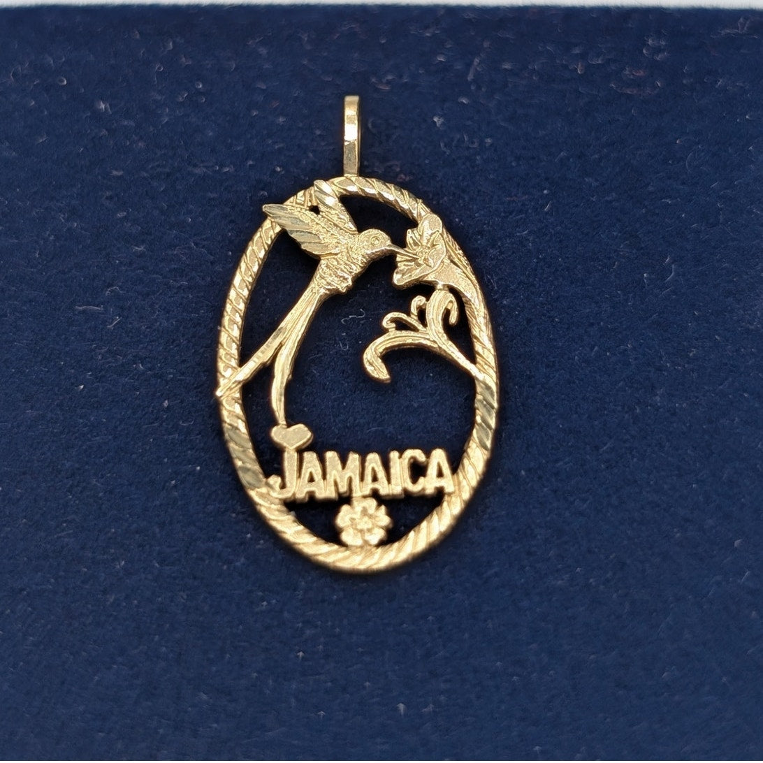14K Yellow Gold Jamaica Hummingbird Flower Caribbean Pride Statement Pendant