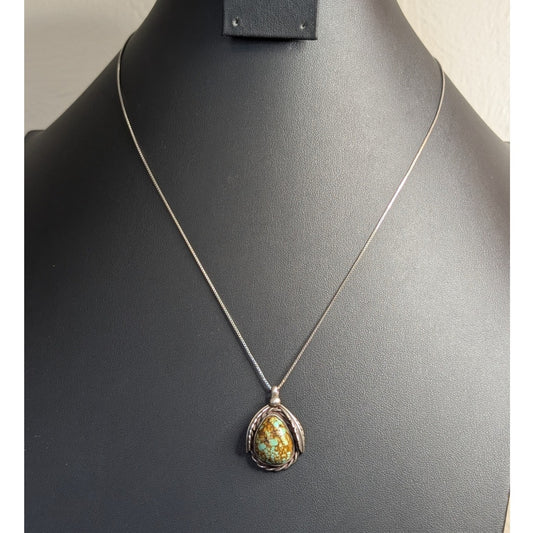 VTG 925 Sterling Navajo Brown Web Pear Shape Turquoise Leaf Pendant Necklace