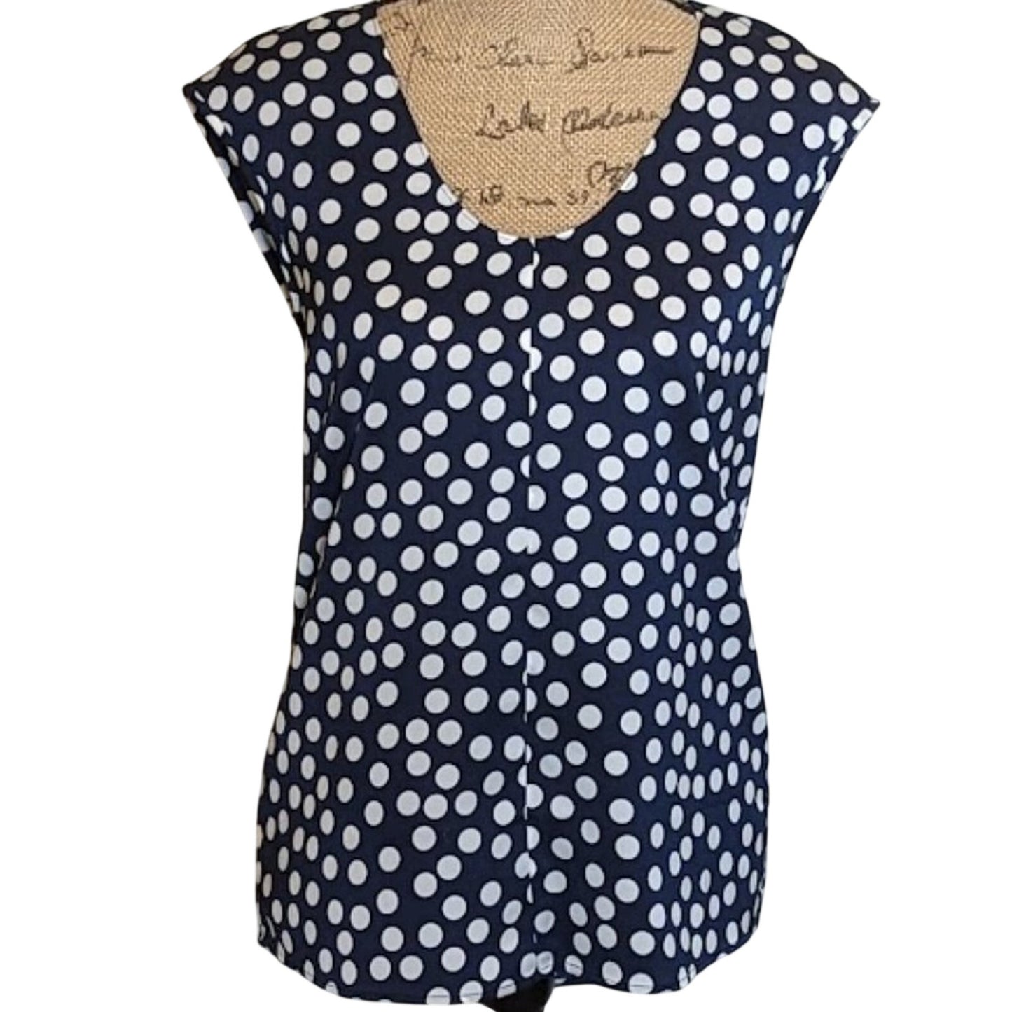 J Crew Women's Size 2 Navy Polka Dot Print Scoop Neck Cap Sleeve Blouse