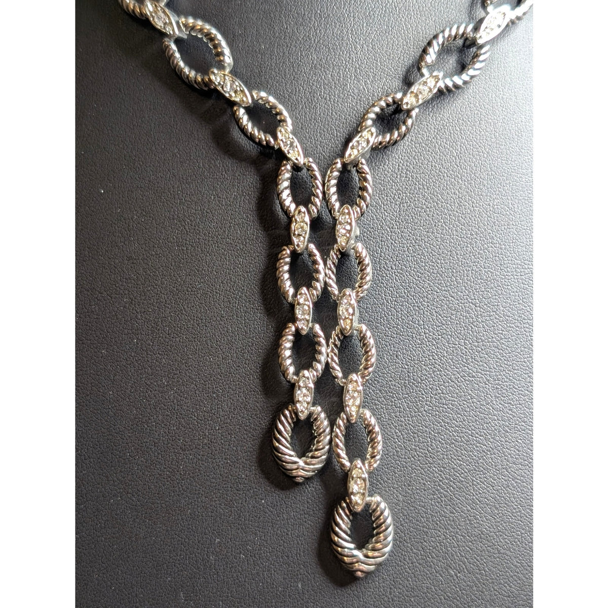 Silver Tone Textured Oval Link CZ Side by Side Y Dangle Fold Over Clasp Necklace