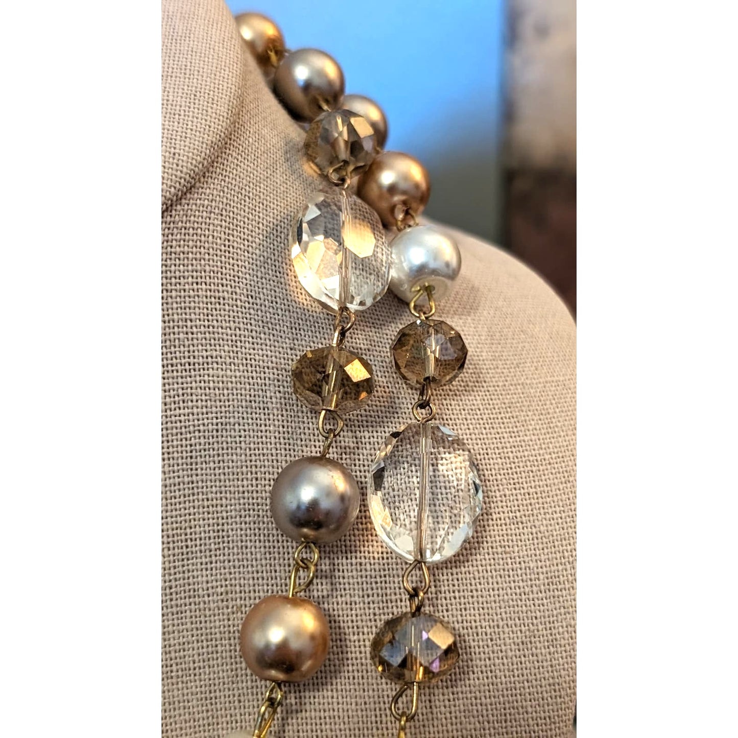 Gold Champagne Cream Pearl Crystal Bead Long 43" Necklace
