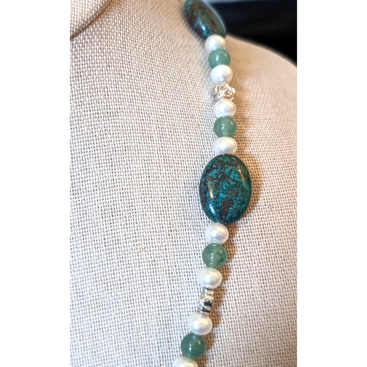 Crysocolla, Nephrite and Pearl Beaded Necklace W/ Magnetic Clasp Closure
