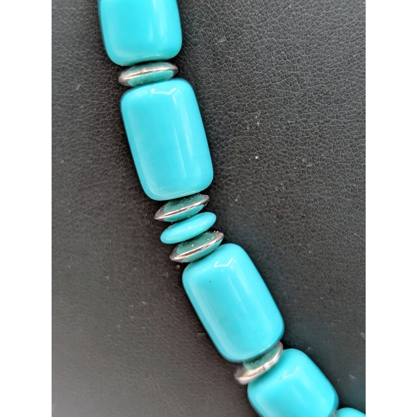 Vintage Bohemian Lucite Blue Barrel & Silver Tone Beaded  Approx. 28" Necklace