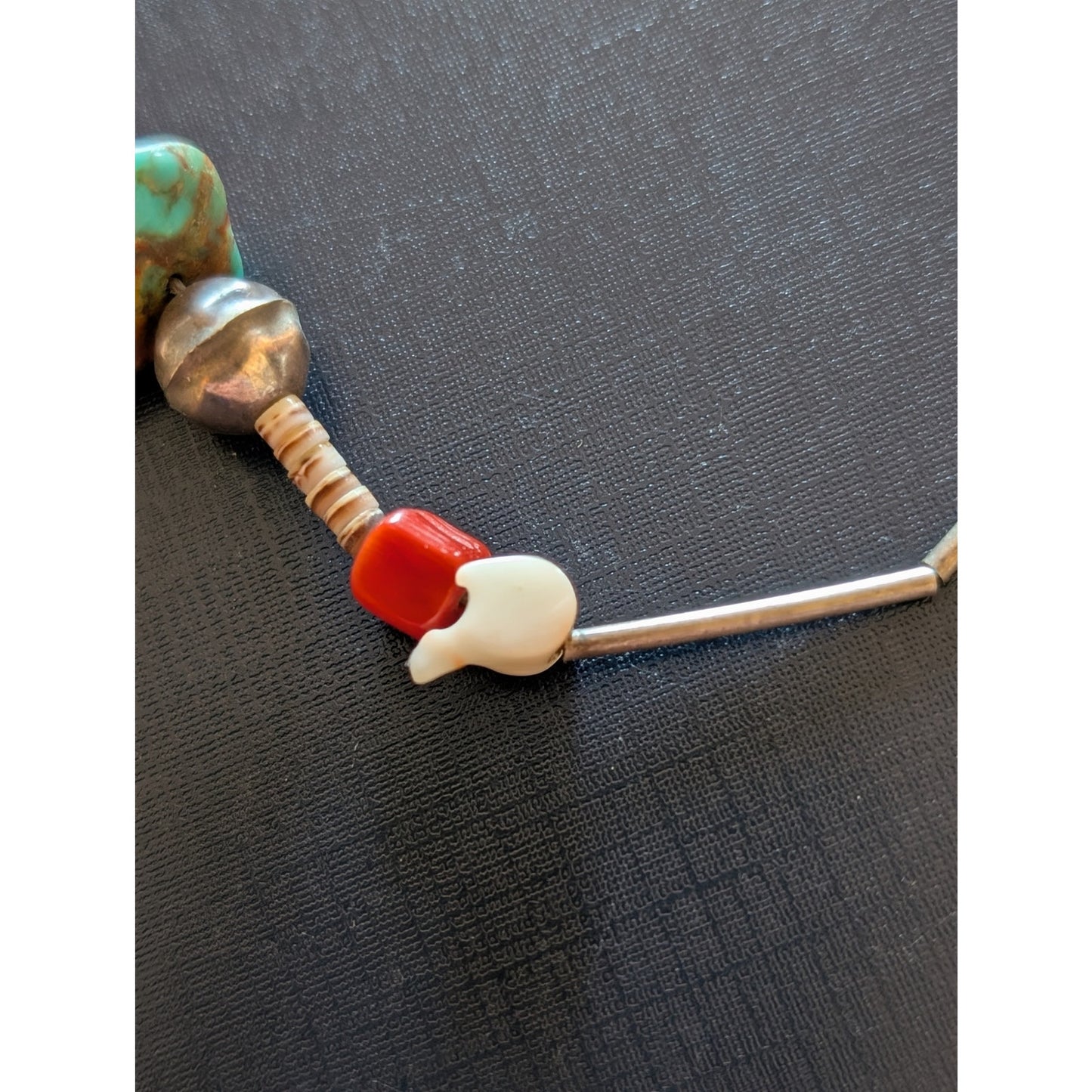 Vtg Liquid Sterling Turquoise Coral Carved Bird Heishi Bead Choker Necklace