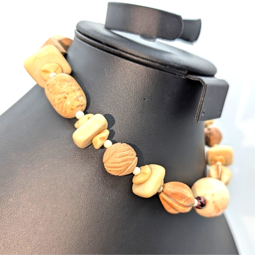 Vintage Chunky Neutral Tones Glass & Wood Beaded 17" Choker Necklace