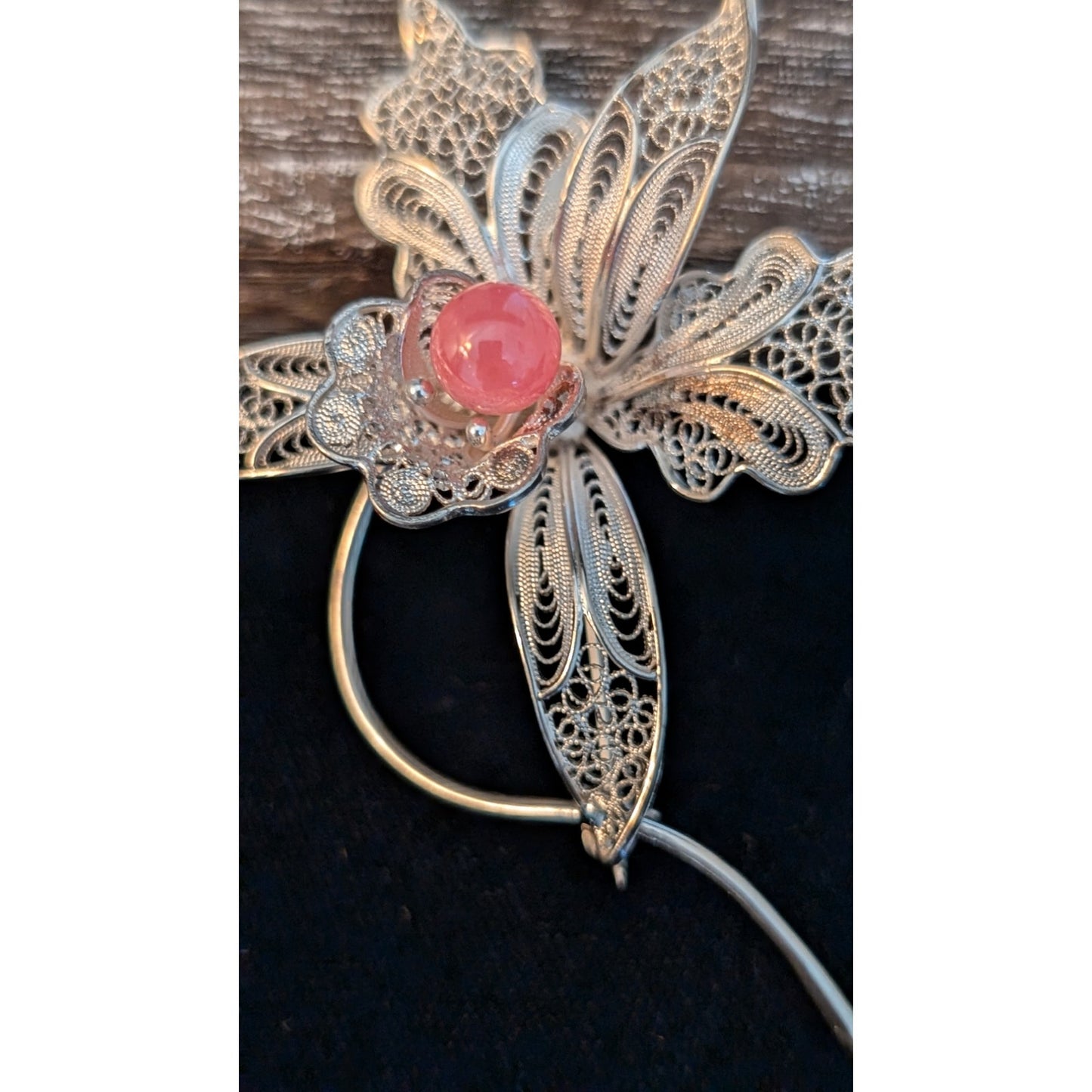 Vintage 900 Silver Italian Filigree Tourmaline Center Orchid Brooch/Pin
