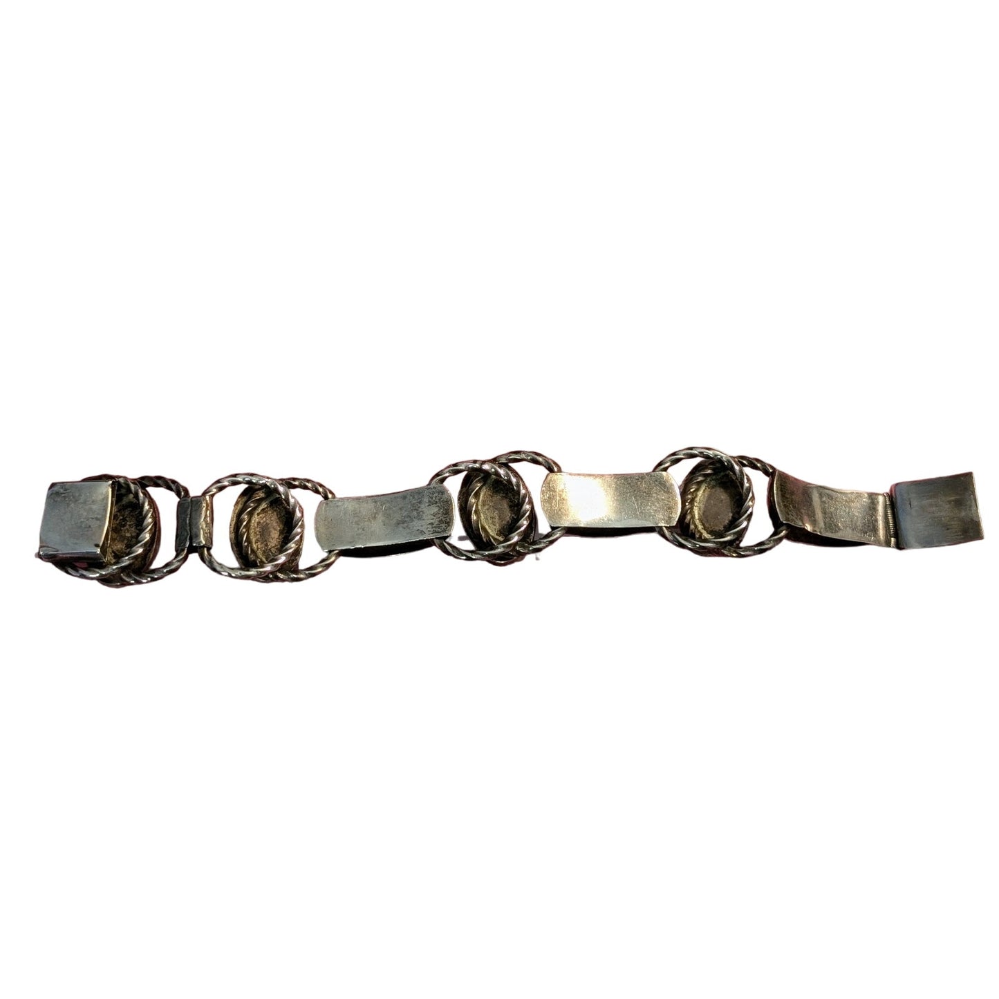 Signed P.Y. Mexico Vintage Sterling Bezel Set Black Stone Chunky Link Bracelet