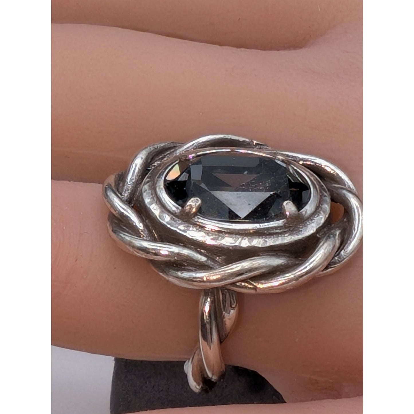 925 Sterling Silver Twisted Band Purple Blue Gray Glass Center Stone Ring Size 5
