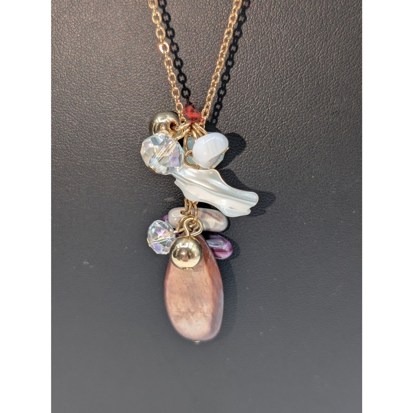 Double Strand Gold Tone Stone Crystal Glass Beaded Cluster Dangle Necklace