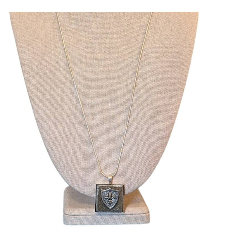 Fleur De Lis Shield On Stone Pendant on 18K Gold Plated 23" Silver Snake Chain