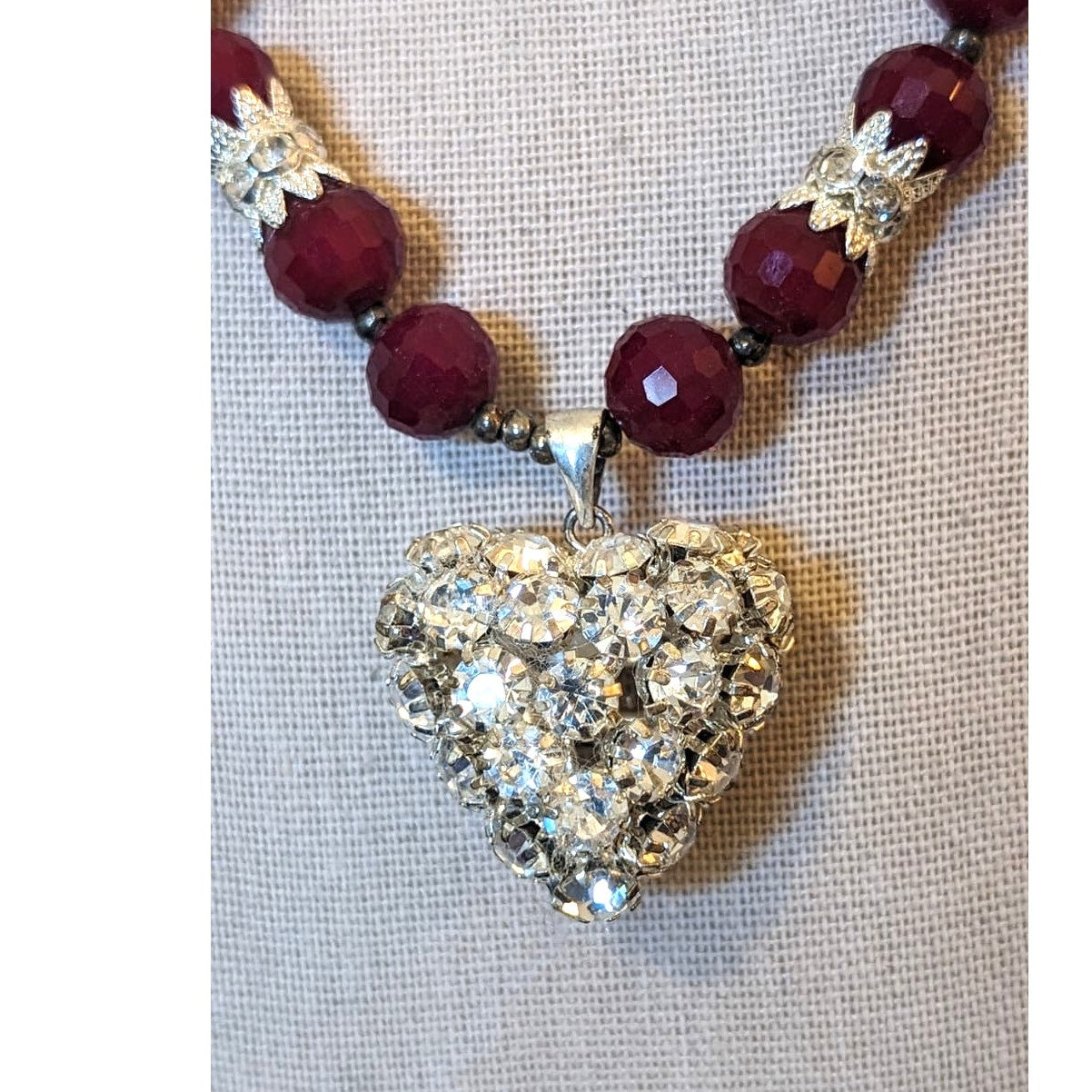 Deep Cranberry Red Cut Faceted Glass Bead and Rhinestone Heart Pendant Necklace